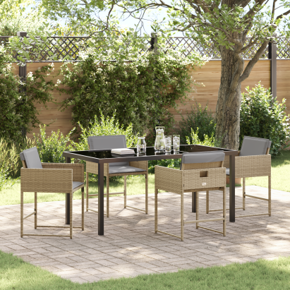 Set de Masă pentru Grădină  cu Pernuțe Bej din Ratan Polimer, Masa pentru Grădină  Neagră 160x80x73 cm cu Sticlă Securizată GartenMobel Dekor