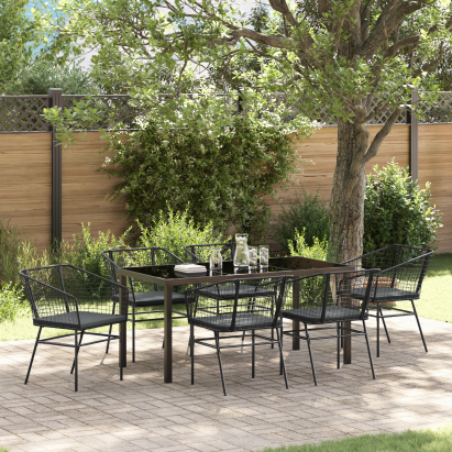 Set de dining pentru grădină cu 7 piese și perne, ratan negru GartenMobel Dekor