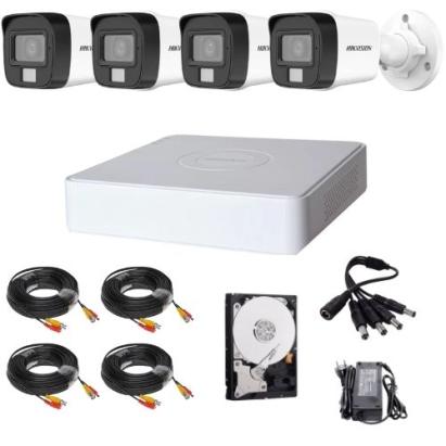 Sistem de supraveghere analog Hikvision 4 camere 5MP Dual Light IR 30m Lumina Alba 20m Audio, DVR 4 canale 5MP, HDD si accesorii SafetyGuard Surveillance