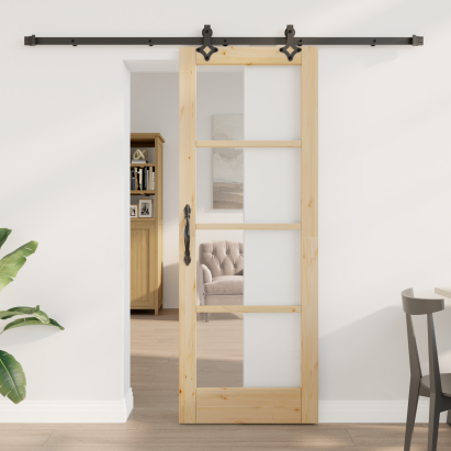 Ușă Glisantă  cu Set de Accesorii 73.5x198.5 cm Lemn Masiv Pin, Ușă Interioară  cu Sticlă 'ORKDAL'73.5x198.5x4 cm Lemn Masiv Pin GartenMobel Dekor