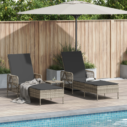 Șezlong Set de 3 Gri deschis și gri închis Rattan PE, metal GartenMobel Dekor