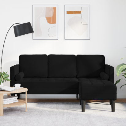 Sofa cu 3 locuri cu Chaise în formă de L Neagră 160 cm Catifea GartenMobel Dekor