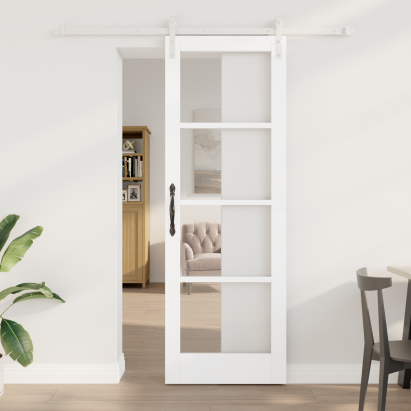 Ușă Glisantă  cu Set Hardware "ORKDAL" Alb din Lemn Solid și Sticlă, Ușă Interior  cu Sticlă "ORKDAL" Alb 73.5 x 211 x 4 cm GartenMobel Dekor