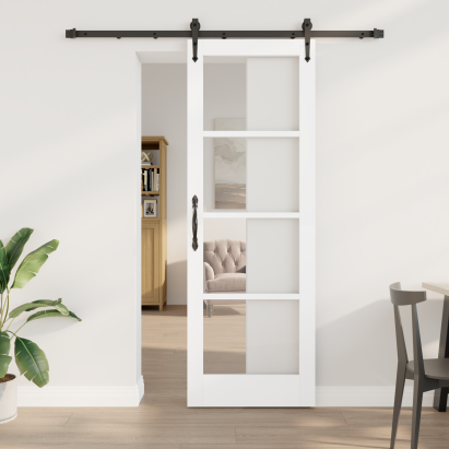 Set de Uși Glisante  cu Ferronerie Albă 73.5x211 cm Lemn Solid de Pin, Ușă Interioară  cu Sticlă 'ORKDAL'Albă 73.5x211x4 cm GartenMobel Dekor