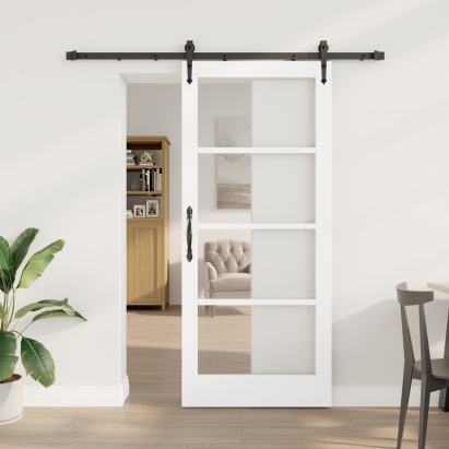 Set Ușa Glisantă  cu Hardware Alb 78x202 cm Lemn Solid Pin, Ușa Interioară  cu Sticlă 'ORKDAL'Alb 78x202x4 cm GartenMobel Dekor