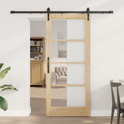 Set Ușă Glisantă  cu Hardware 78x202 cm Lemn Masiv de Pin, Ușă Interioară  cu Sticlă 'ORKDAL'78x202x4 cm Lemn Masiv de Pin GartenMobel Dekor