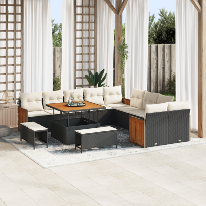Set canapea grădină  13 piese și perne Negru Ratan poli Acacia, Set dining grădină  3 piese și perne Negru Ratan poli Acacia GartenMobel Dekor