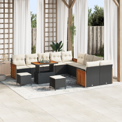 Set de sofa de grădină  cu 13 piese cu perne, ratan poli negru și acacia, Set de mese de grădină  cu 3 piese cu perne, ratan poli negru și acacia GartenMobel Dekor