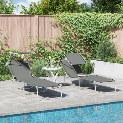 Set de șezlonguri pliabile 2 pcs cu copertină gri din țesătură Oxford 600D GartenMobel Dekor