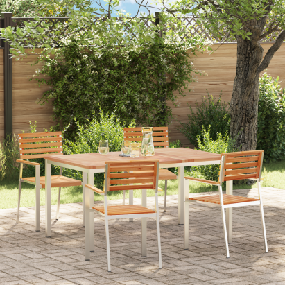 Set dining grădină , 5 piese lemn solid tec, Masă dining exterior  150x90x75 cm din lemn tec, Scaune grădină stivuibile  4 buc din lemn de tec și oțel GartenMobel Dekor
