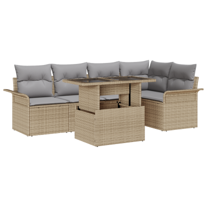 Set Sofa Grădină cu 6 Piese cu Pernuțe Bej Ratan Poli, Sofa Grădină cu 2 Locuri cu Spațiu de Depozitare și Pernuțe Bej Ratan Poli GartenMobel Dekor