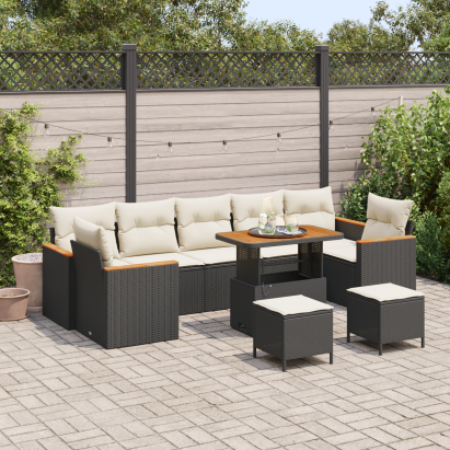 Set de canapea de grădină  10 piese cu perne negru ratan poli acacia, Set de dining pentru grădină  3 piese cu perne negru ratan poli acacia GartenMobel Dekor
