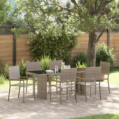 Set Dining Grădină  7 Piese Gri Poliratan, Scaune Grădină Stivuite cu Perne 2 buc Gri Poliratan GartenMobel Dekor