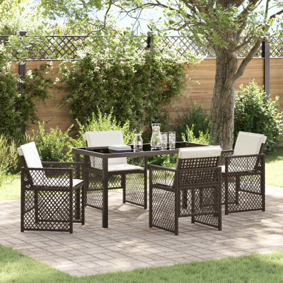 Set de Masă pentru Grădină  cu Perne Maro Răchită Poli, Masă pentru Grădină  Neagră 140x80x73 cm Sticlă Întărită GartenMobel Dekor