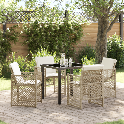 Set de dining pentru grădină  cu perne Bej Poli Ratan, Masa de grădină  Neagră 80x80x73 cm Sticlă securizată GartenMobel Dekor