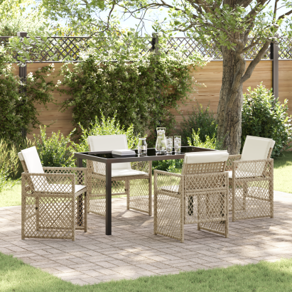 Set de Dining pentru Grădină  cu Perne Bej Ratan Poliester, Masă de Grădină  Neagră 140x80x73 cm Sticlă Temperată GartenMobel Dekor