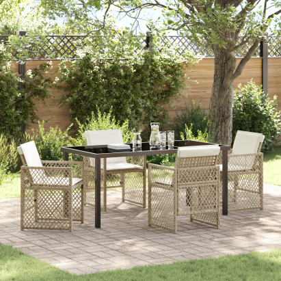 Set dining grădină  cu perne Bej din ratan poliat, Masa grădină  Neagră 160x80x73 cm cu sticlă temperată GartenMobel Dekor