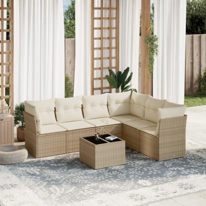 Set canapele de grădină, 7 piese, cu perne, bej, poliratan GartenMobel Dekor