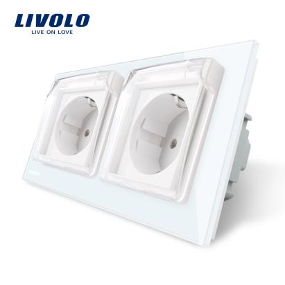 Priza dubla Livolo cu rama din sticla si capac de protectie rezistent la apa SmartElectro IntelligentHouse
