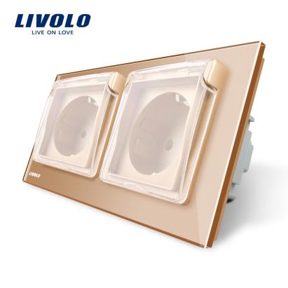 Priza dubla Livolo cu rama din sticla si capac de protectie rezistent la apa SmartElectro IntelligentHouse