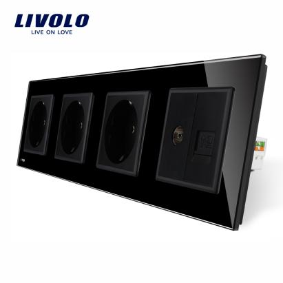 Priza cvadrupla Livolo cu rama din sticla 3 prize simple+TV/internet SmartElectro IntelligentHouse