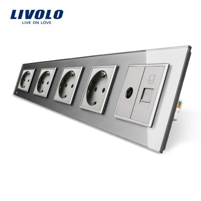 Priza cvintupla + priza TV Internet Livolo cu rama din sticla SmartElectro IntelligentHouse