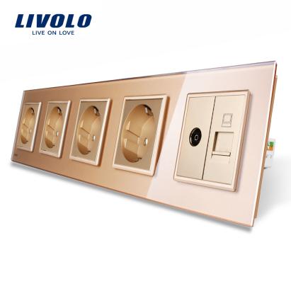 Priza cvintupla + priza TV Internet Livolo cu rama din sticla SmartElectro IntelligentHouse