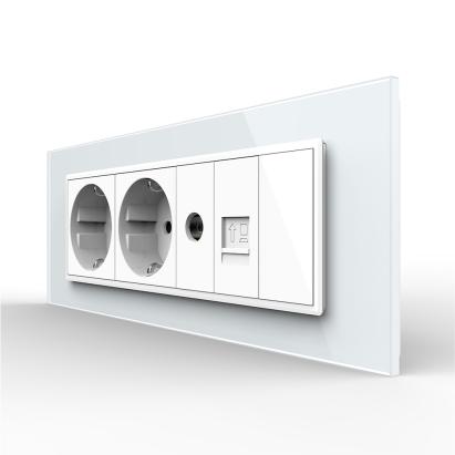 Priza Tripla cu Blank Livolo cu Rama din Sticla 2 Prize Schuko+TV/internet, Standard Italian - Serie Noua SmartElectro IntelligentHouse