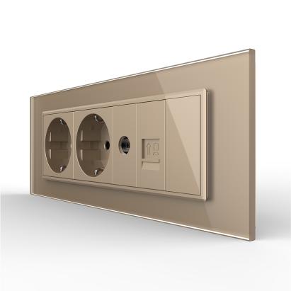 Priza Tripla cu Blank Livolo cu Rama din Sticla 2 Prize Schuko+TV/internet, Standard Italian - Serie Noua SmartElectro IntelligentHouse