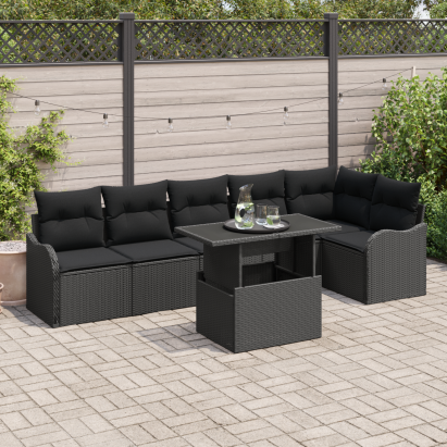 Set de Canapele pentru Grădină  cu 7 Piese cu Perne Negru Ratan Poli, Canapea pentru Grădină de 2 Locuri cu Spațiu de Depozitare și Perne Negru Ratan Poli GartenMobel Dekor