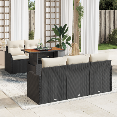 Set de Sofa pentru Grădină  de 6 piese cu perne, Negru Ratan Poly, Sofa de 2 locuri  cu spațiu de depozitare și perne, Negru Ratan Poly GartenMobel Dekor