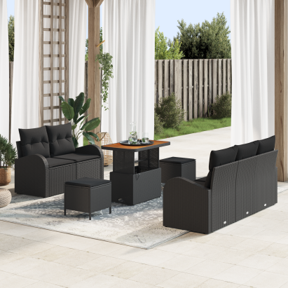 Set Canapea Grădină  8 Piese cu Pernuțe Negru Ratan Polyal Acacia, Canapea Grădină  2 Locuri cu Pernuțe Negru Ratan Polyal, Set Masă Grădină  3 Piese cu Pernuțe Negru Ratan Polyal Acacia GartenMobel Dekor