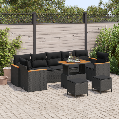Set de 10 Piese pentru Grădină cu Perne Negru Ratan PE Acacia, Set de 3 Piese pentru Grădină cu Perne Negru Ratan PE Acacia GartenMobel Dekor