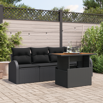 Set de dining grădină de 5 piese cu perne Negru Ratan Polimeric Acacia GartenMobel Dekor