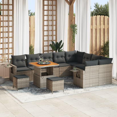 Set de Grădină  cu 12 Piese cu Perne Gri Rattan Acacia GartenMobel Dekor