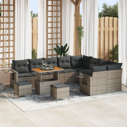 Set de sofa de grădină cu 12 piese și perne gri din ratan și acacia GartenMobel Dekor