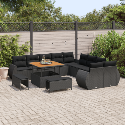 Set de canapea de grădină  cu 13 piese cu perne Negru Poliratan Acacia, Set de dining de grădină  cu 3 piese cu perne Negru Poliratan Acacia GartenMobel Dekor