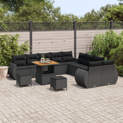 Set de Canapele de Grădină  cu Perne Negru Poliratan Acacia, Set de Dining pentru Grădină  cu Perne Negru Poliratan Acacia GartenMobel Dekor