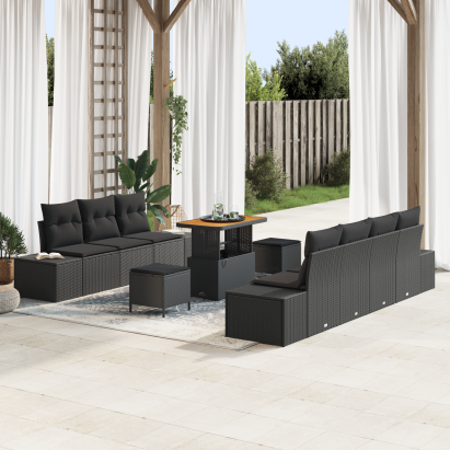 Set de 10 piese sofa de grădină cu perne Negru Poliratan Acacia, Sofa de grădină 2 locuri cu depozitare și perne Negru Poliratan, Set de dining grădină 3 piese cu perne Negru Poliratan Acacia GartenMobel Dekor
