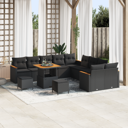 Set de canapea de grădină  13 buc cu perne Negru Poliratan Acacia, Set de dining de grădină  3 buc cu perne Negru Poliratan Acacia GartenMobel Dekor