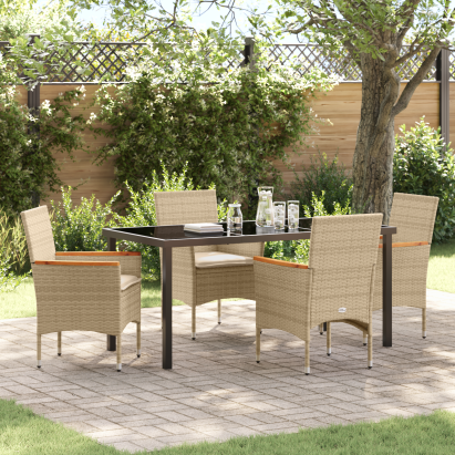 Set Dining Grădină  5 Piese cu Perne Ratan Poliat Bej, Masă Grădină  Neagră 160x80x73 cm Sticlă Temperată GartenMobel Dekor