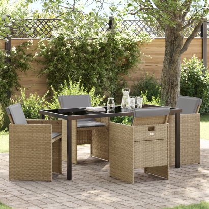 Set dining 5 Piese cu Pernuțe Bej Ratan Polimeric, Masă grădină  Negru 160x80x73 cm Sticlă Temperată GartenMobel Dekor