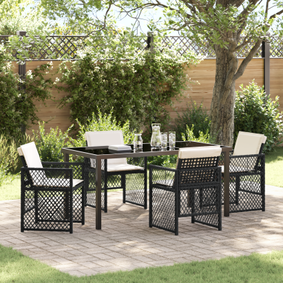 Set mese grădină  5 Piese cu Perne Negru Poly Rattan, Masă grădină  Neagră 160x80x73 cm Sticlă Temperată GartenMobel Dekor