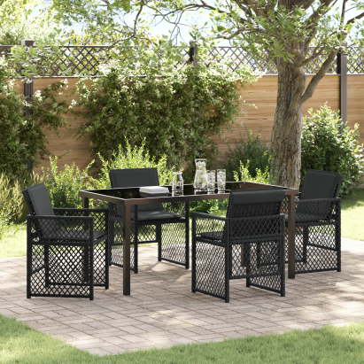 Set Masă Grădină 5 Piese Căptușite Negru Poly Rattan, Masă  Neagră 160x80x73 cm din Sticlă Temperată GartenMobel Dekor