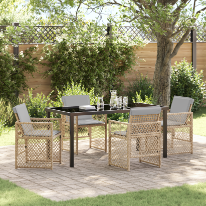 Set de dining pentru grădină  5 piese cu perne bej poli ratan, Masă de grădină  neagră 160x80x73 cm sticlă călită GartenMobel Dekor