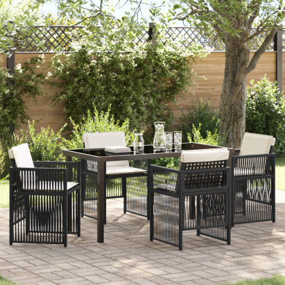 Set de dining pentru grădină  5 piese cu perne Negru Ratan Poliester, Masă de grădină  Neagră 140x80x73 cm Sticlă Temperată GartenMobel Dekor