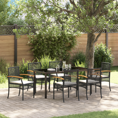 Set de masă pentru grădină 7 piese cu perne Negru Poliratan GartenMobel Dekor