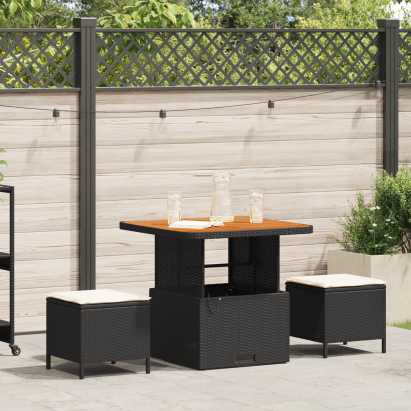 Set de mese pentru grădină 3 piese cu perne Ratan poli negru Acacia GartenMobel Dekor
