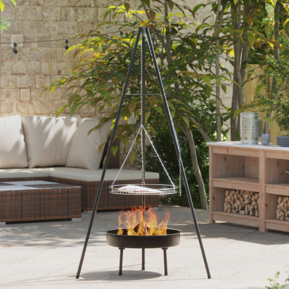 Tripod pentru gătit pe foc de tabără cu grătar și tavă pentru foc 170 cm GartenMobel Dekor