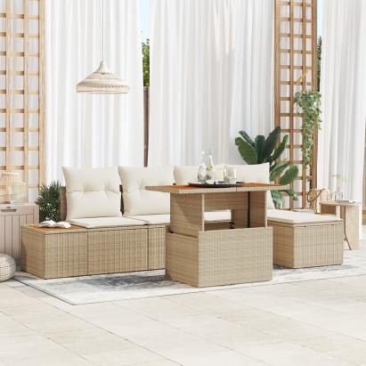 Set 6 Piese Sofa Grădină cu Pernă Bej din Ratan Poli GartenMobel Dekor